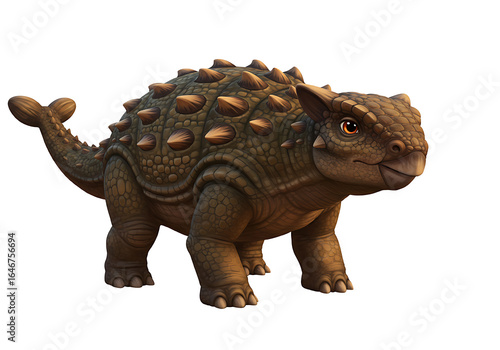 Realistic 3D rendering of an armored Ankylosaurus dinosaur with tail club, full body on a white background.