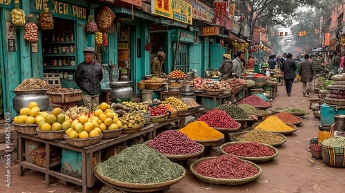 Vibrant street market filled with colorful spices high resolution picture