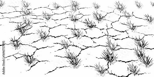 Vector dry cracked earth with sparse grass patches in a monochrome landscape illustration style scene art