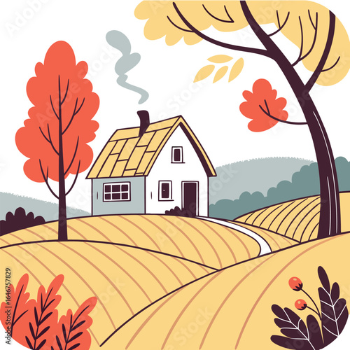 Cozy autumn cottage scene with rolling fields and colorful trees evoking a sense of rural serenity and harvest season