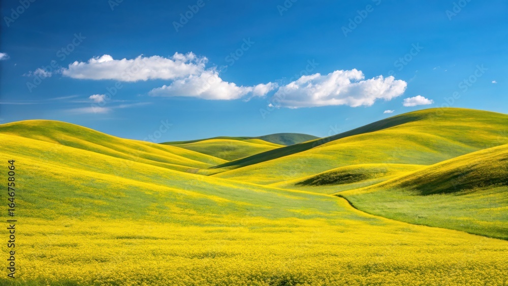 Fototapeta premium Vibrant rolling green hills under a bright blue sky with wispy white clouds