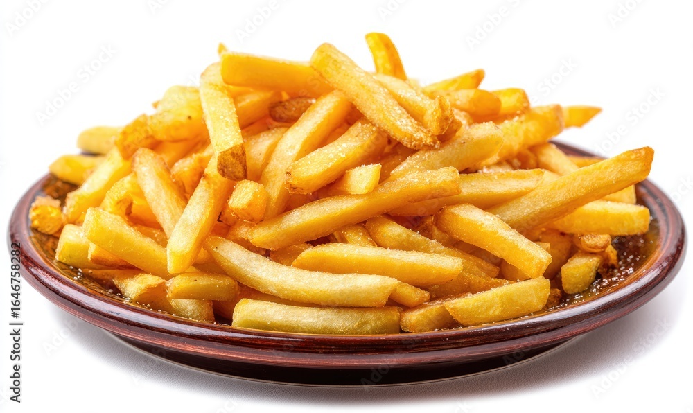 Pile of golden-brown French fries on a brown plate Pile of golden-brown French fries on a brown plate