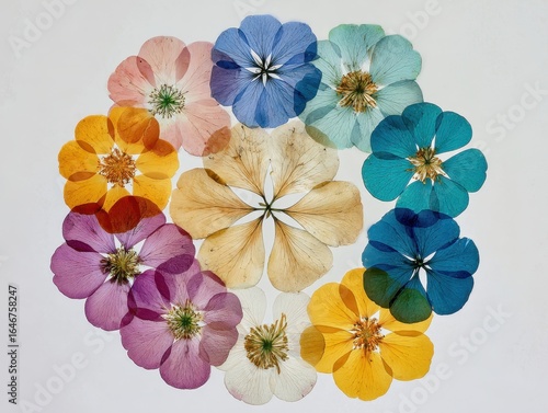 Pressed Flowers in Radial Composition on White Background