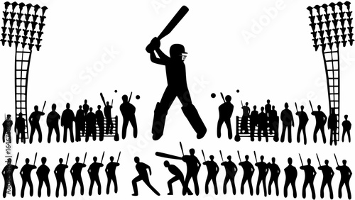 Silhouette of a cricket match with a batsman, crowd, and floodlights in a stadium at night time scene