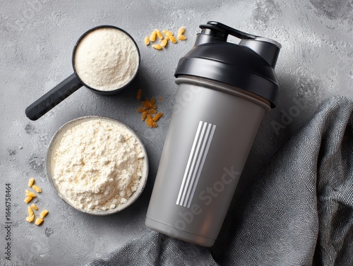 Protein Powder Shaker Bottle with Scoop and Ingredients Flatlay