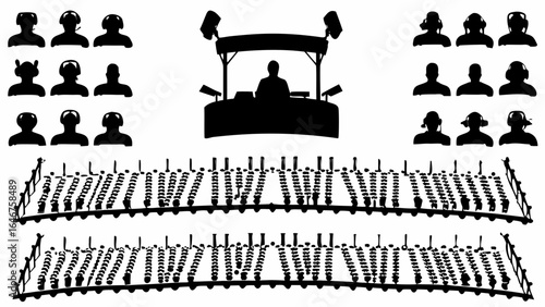 Silhouette illustration of a dj booth with speakers and a crowd wearing headphones in a venue setting