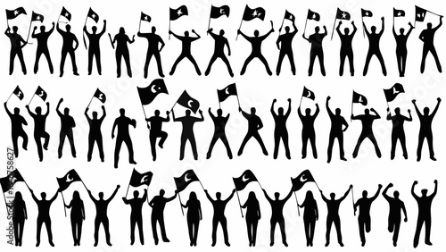 Silhouette illustration of people holding flags with stars and crescents in a celebratory manner