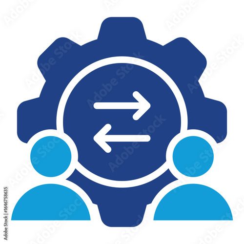 Teamwork Process Glyph Blue Silhouette Icon Design Vector - Two people with gear and arrows, symbolizing collaboration, workflow, and teamwork
