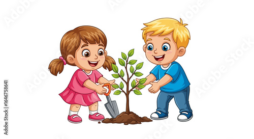 Adorable cartoon boy and girl working together, planting a small green sapling to care for the environment