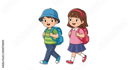 Two cute cartoon children, a boy and a girl, walking to school together with backpacks. Vector illustration of happy students and friendship.
