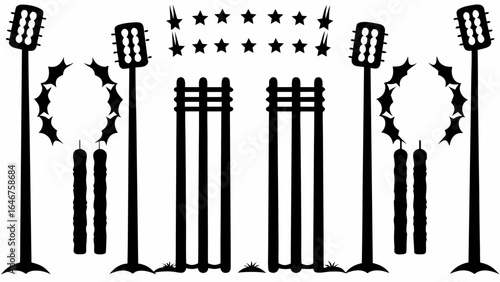 Silhouette illustration featuring cricket wickets, bails, stumps, and star decorations in a symmetrical design