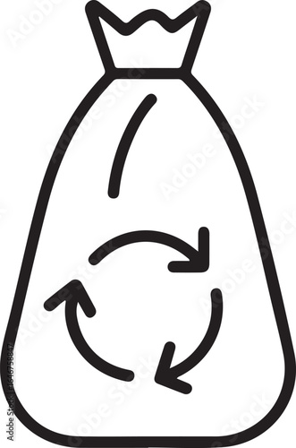 Simple outline icon of a trash bag with a recycling symbol indicating waste management and environmental responsibility
