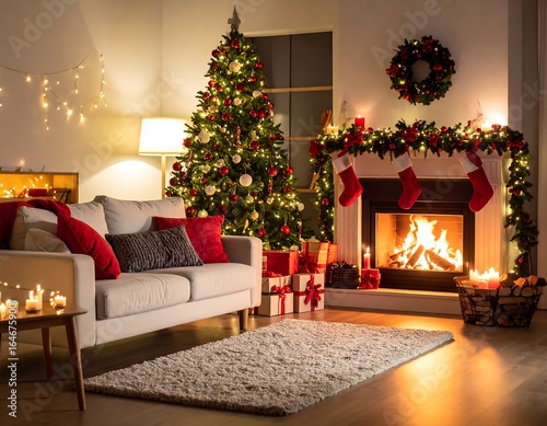 Cozy Christmas living room fireplace.