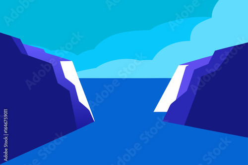 Stunning fjord landscape with majestic cliffs and serene waters, a minimalist travel destination graphic