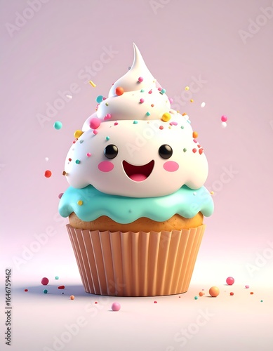 A cheerful, cartoon cupcake with teal frosting, white swirls, and sprinkles