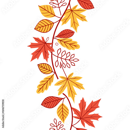 A vertical border of stylized autumn leaves in red and yellow featuring maple and oak leaf shapes on thin branches against a white background