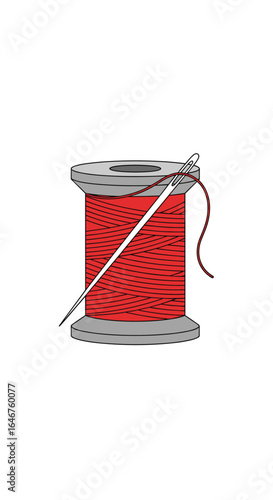 Close-up of a sewing needle threaded with red string piercing a spool of vibrant red thread used for crafting and mending