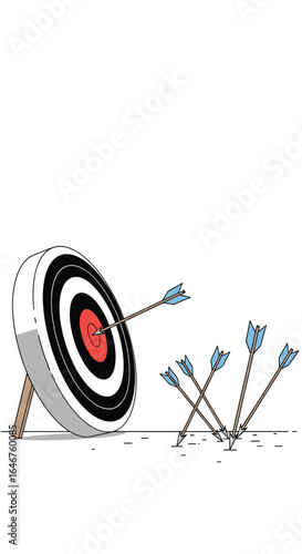 Archery practice missed targets and bullseye one arrow hit success and failure analysis