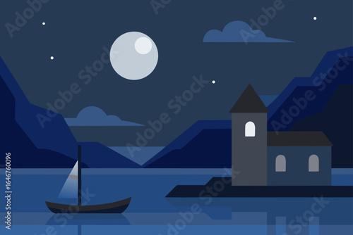Peaceful sailboat gliding on lake by illuminated church under full moon for serene travel and escape