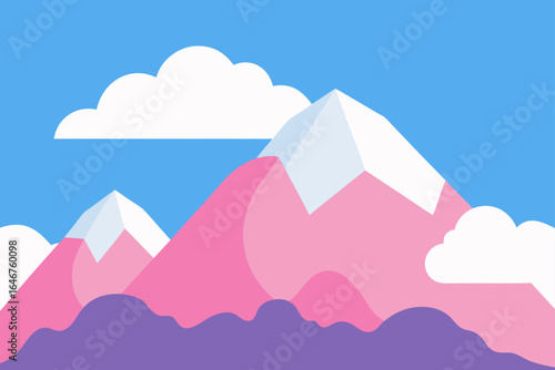 Stunning minimalist mountain landscape illustration with snow-capped peaks and fluffy clouds