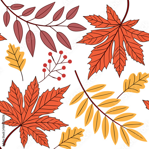 A vibrant collection of autumn leaves and berries in warm hues of orange yellow and red set against a clean white background