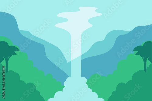 Serene waterfall flowing through lush mountains, a peaceful escape to nature, perfect for travel posters