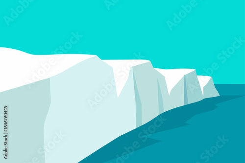 Minimalist iceberg illustration against clear blue sky, conveying arctic serenity and cold climate awareness
