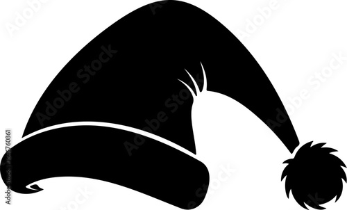 Illustration of a black santa hat with a fluffy pom pom isolated on a white background in silhouette style
