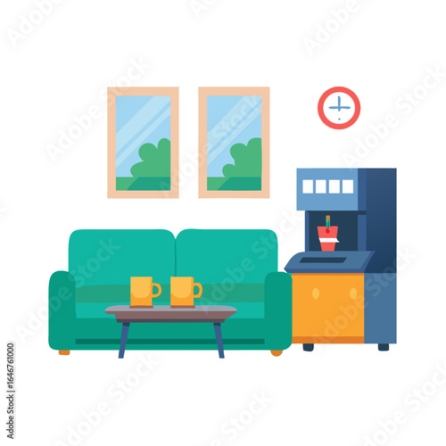 Illustration of a cozy office space with a couch and water cooler isolated on white background