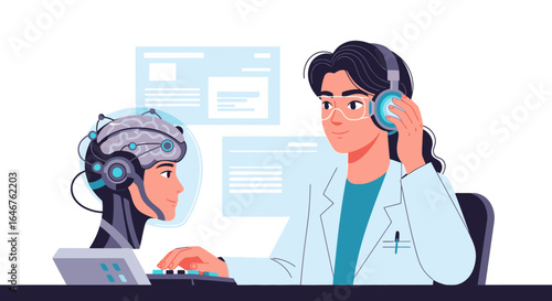 Modern neuroscientist conducting brain scan research with patient using cutting-edge technology
