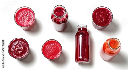 Assortment of red fruit juices and smoothies in glasses and bottles isolated on white background