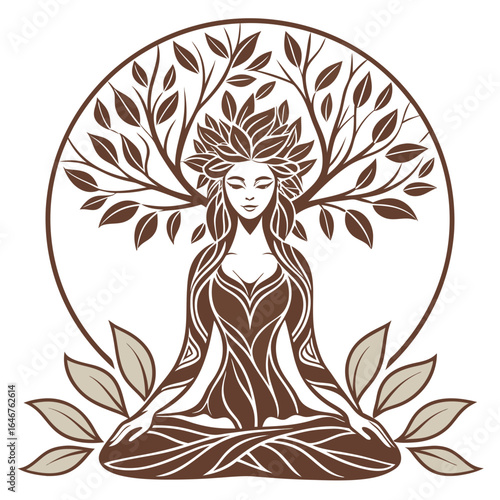 Brown earth goddess meditating in lotus pose with tree and foliage crown and surrounding leaves