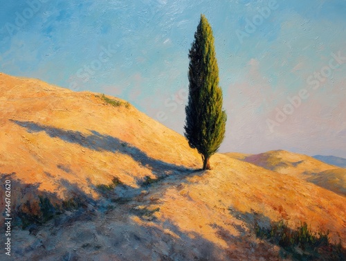 Single Cypress Tree on Light Ochre Slope Under Soft Sunlight