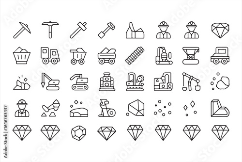 Outline Mining Icons Set with Gemstones and Industrial Equipment