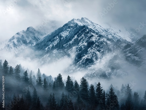 Snowcapped Mountain Range Emerging from Fog