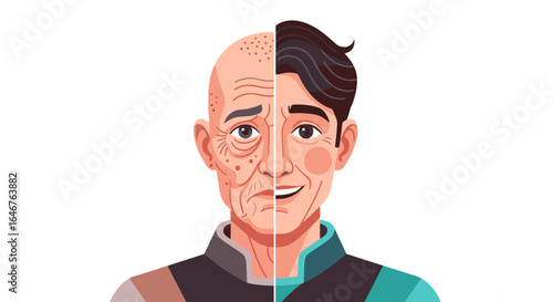 Aging process concept: Comparing youthful vitality with the effects of time on a man's face