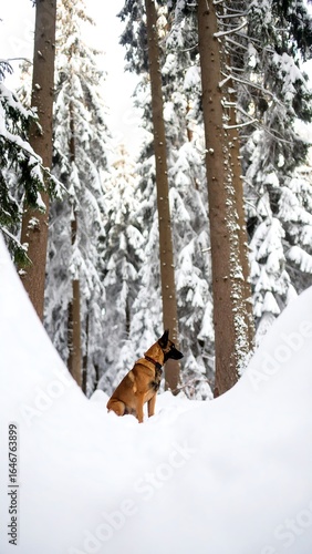 A dog sits patiently amidst a snowy forest, framed by snowdrifts