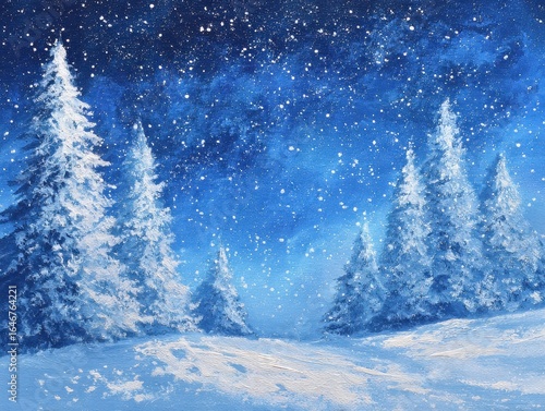 Snowy Landscape with Snow Covered Trees and Starry Blue Sky