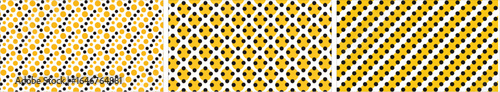 A bold and modern seamless pattern with a retro style, featuring high-contrast black polka dots on a stylish background of mustard yellow and clean white blocks.