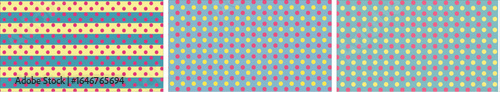 A bright and playful seamless pattern with a retro style, featuring bold magenta polka dots scattered across a vibrant background of sky blue and lemon yellow.