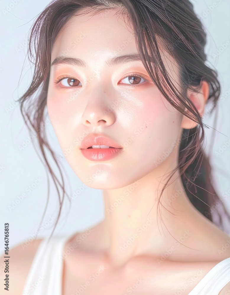 Naklejka premium 日本人, 超リアル, 若い美しい女性, 顔アップ, 滑らかな肌, ツヤのある肌質, ナチュラルメイク, 柔らかな光, 美容広告風, シネマティック, カメラ目線, 高画質, Japanese, ultra-realistic, young beautiful woman, face close-up, smooth skin, radiant complexion, natural makeup