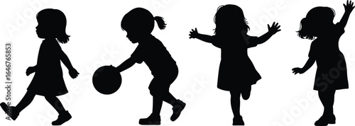 Silhouette of a little girl walking, playing with a ball, and dancing, active child, childhood play, joyful movement, outdoor activity, energetic kids, fun time