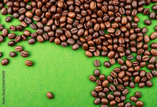 Green textured background scattered with roasted coffee beans,  cafe,  background
