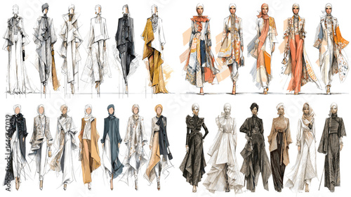 Fashion design sketches of modern couture outfits featuring flowing fabrics, elegant silhouettes, and artistic color accents. Stylish concept art for fashion collections.