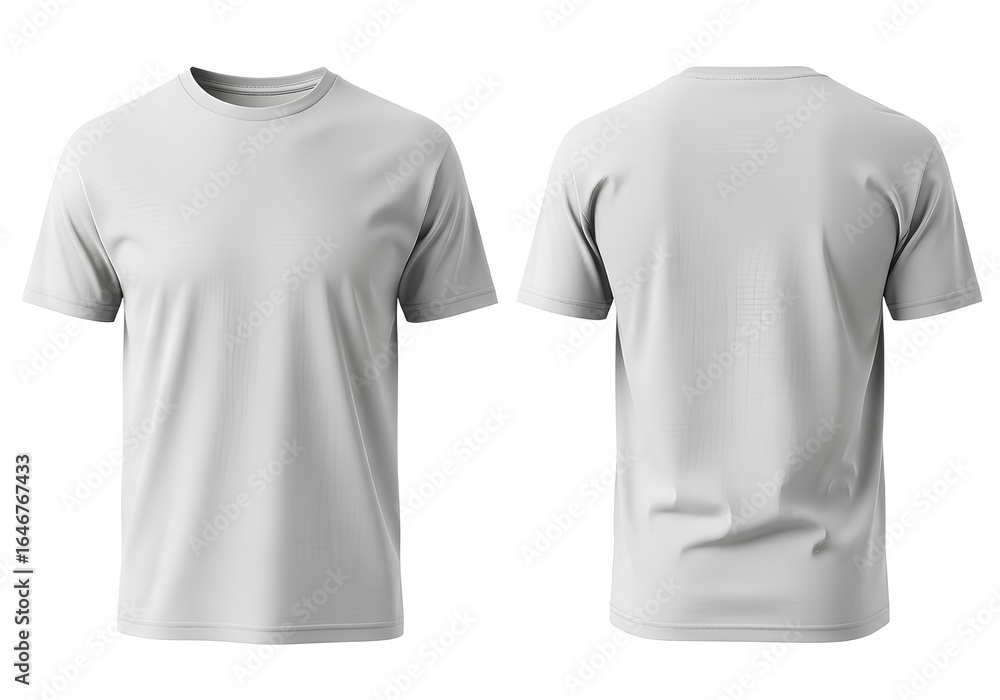 Fototapeta premium A plain light gray men's t-shirt template with front and back views for apparel design, isolated on a white background.