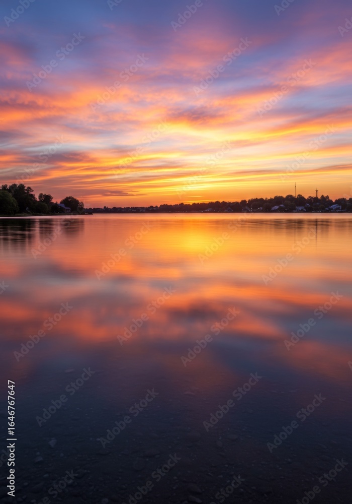Obraz premium Vibrant Sunset Over Calm Lake Water Reflection