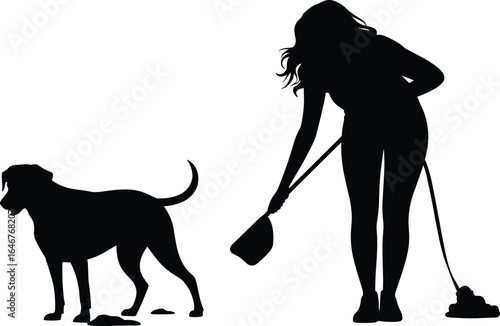 Silhouette of a woman cleaning up after her dog, pet care, dog walking, responsible dog ownership, outdoor activity, cleaning pet waste, dog owner