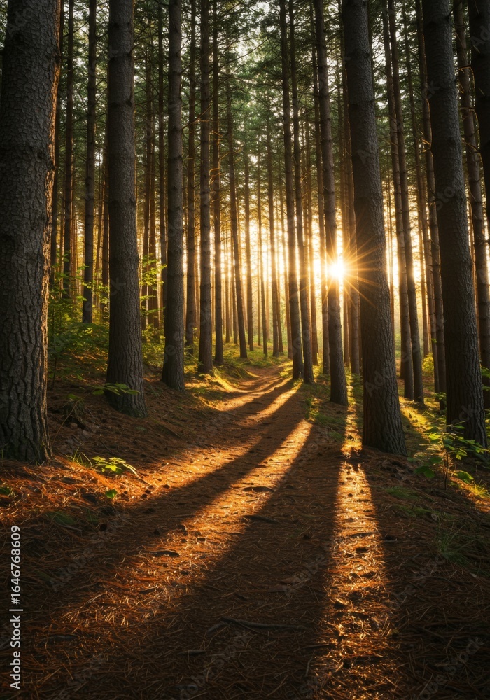 Fototapeta premium Sunset in a Pine Forest Path