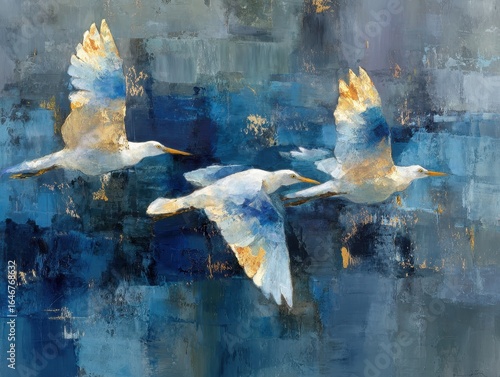 Three Birds in Flight Abstract Painting with Blue White and Gold Tones