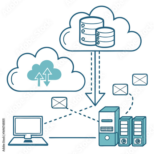 Cloud computing diagram illustrating data transfer between a laptop servers and cloud storage with email communication pathways